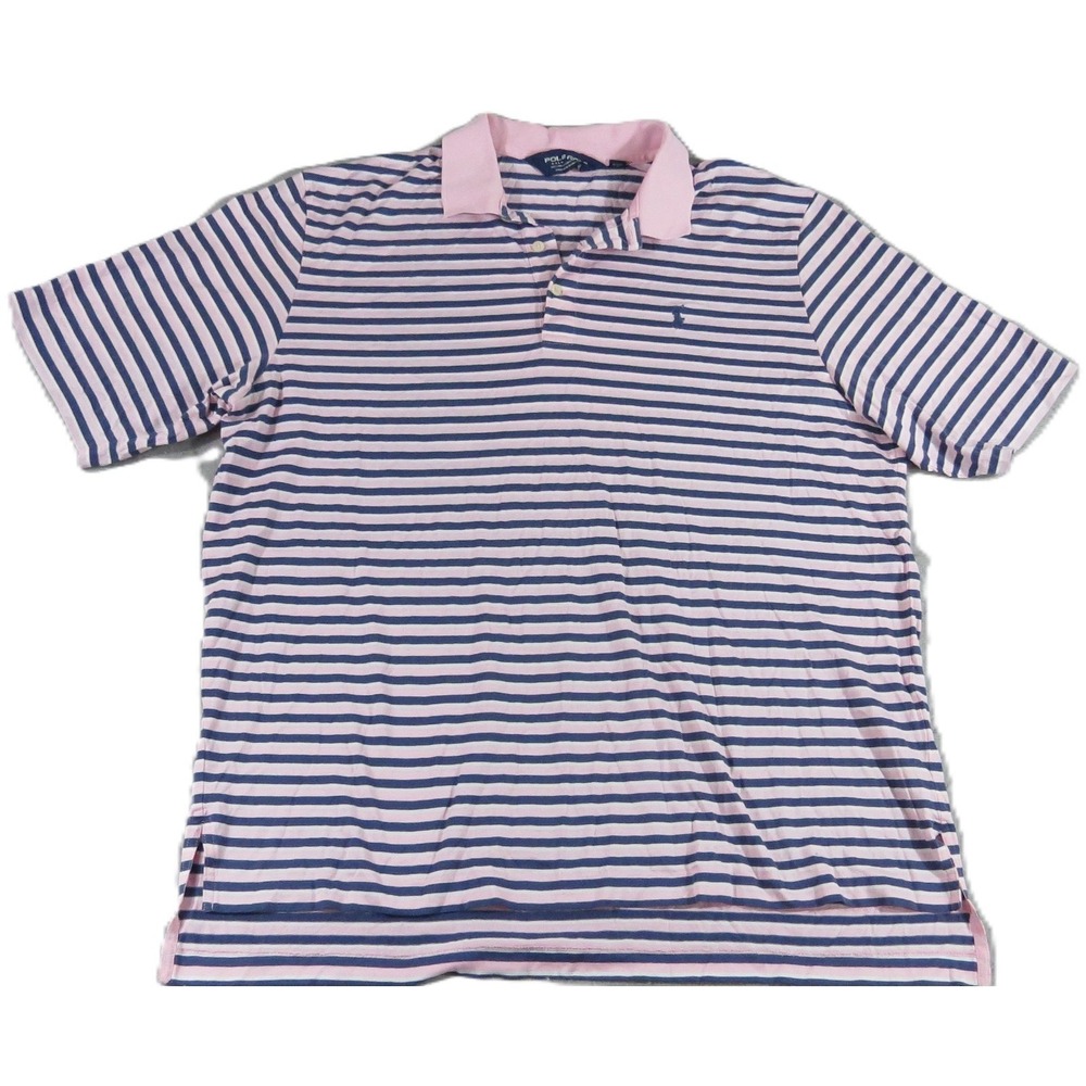 Polo Golf Ralph Lauren Shirt Men XL Pima Cotton Striped Pink Navy‎ Blue Short